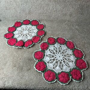 Vintage Handmade Crochet Doilies with Red Roses 3D set of 2